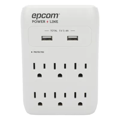 Multicontacto de Pared 110 Vca / Supresor de Picos 1080 Joules / 6 x Nema 5-15P / 2 x USB (5V @3.4A)