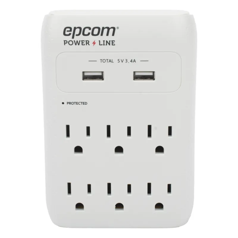 Multicontacto de Pared 110 Vca / Supresor de Picos 1080 Joules / 6 x Nema 5-15P / 2 x USB (5V @3.4A)