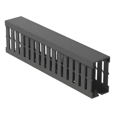 Canaleta Ranurada de PVC con Tapa, Tipo F, 32 mm de Ancho, 53.8 mm de Alto y 2 m de Largo, Color Gris