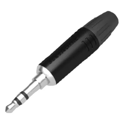 Conector delgado estereo de 3.5 mm, carcasa cromada negra, contacto niquelado, cable OD 2-4,5 mm
