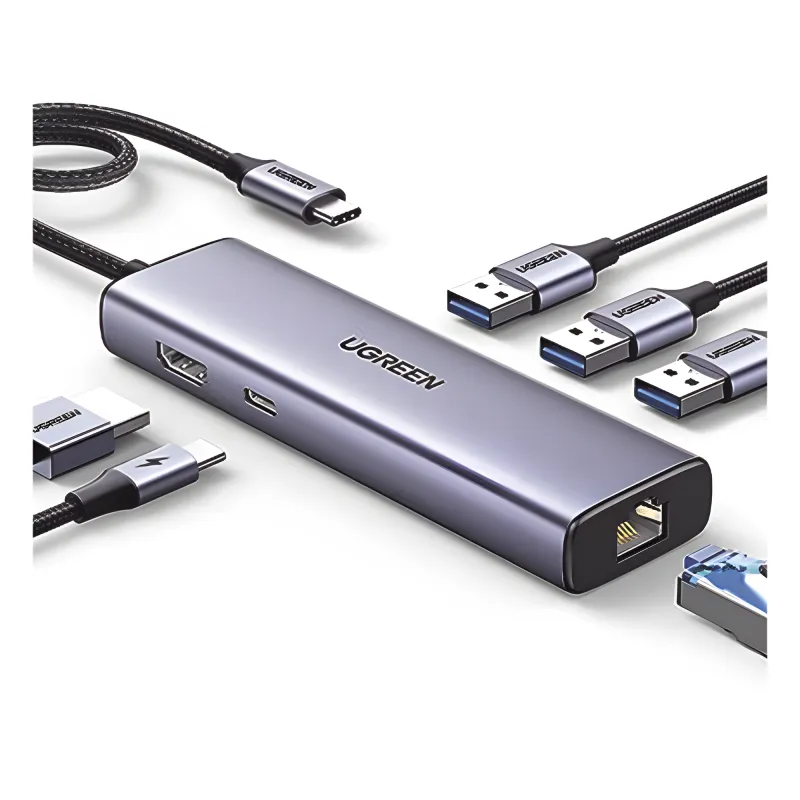 HUB USB-C (Docking Revodok) 6 en 1 | 3 Puertos USB-A 3.0 (5 Gbps) | USB-C PD 100W | HDMI 4K@30Hz | Entrada 1 RJ45 (Gigabit Ethernet) | Chip de Última Generación | Potente Disipación de Calor | Caja de Aluminio.