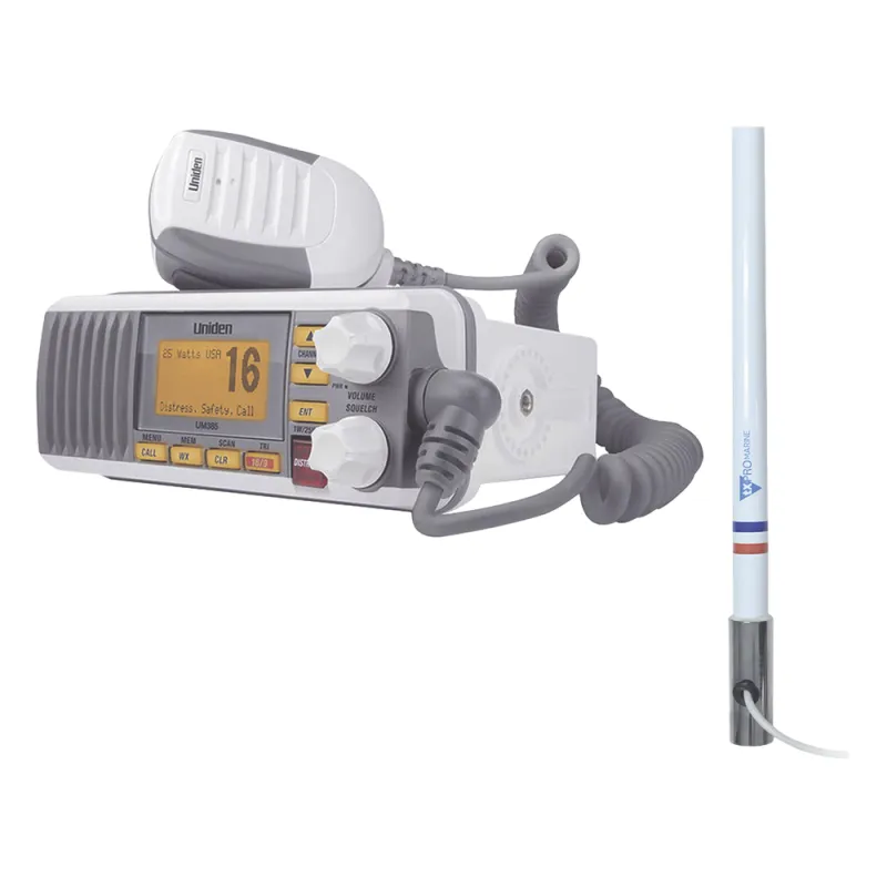 Kit de radio UM385 | mas antena marina de fibra de vidrio TX-5101-SYS fabricada en fibra de vidrio con base roscable de acero inoxidable