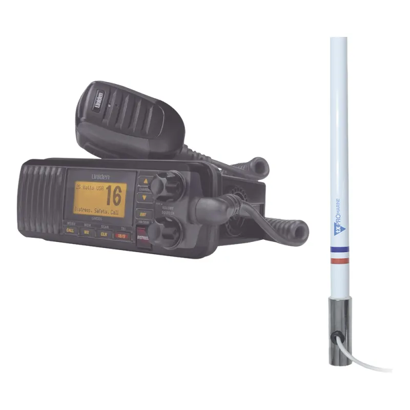 Kit de radio UM385BK | mas antena marina de fibra de vidrio TX-5101SYS/10M fabricada en fibra de vidrio con base roscable de acero inoxidable