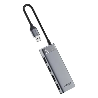 HUB USB-A 3.2 Gen1 4 EN 1 | 4 Puertos USB-A (5Gbps) | Carcasa ABS + PC | Soporta OTG | Luz Indicadora LED | Cable de Nylon Trenzado de 20cm (Mas de 20000 flexiones) | Interfaz Niquelada | Color Gris Metalizado.