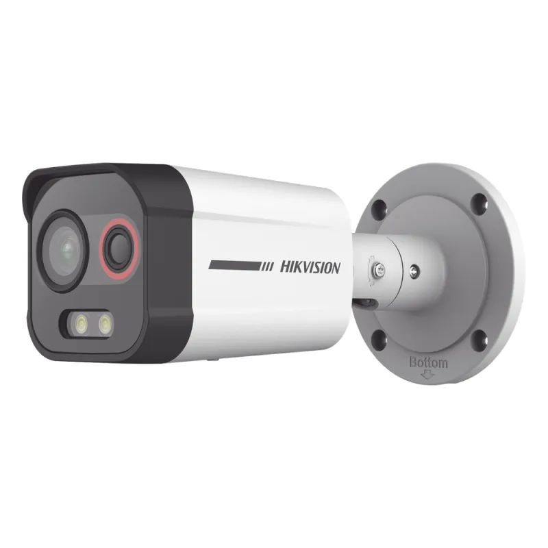Cámara Bala IP Térmica y Óptica Biespectral / Análisis de Video (VCA) para Protección Perimetral / Clasifica Vehículo/Humano / Térmica 96 x 72 / Óptica 4 MP ColorVu / IP67 / Audio y Alarma Visual