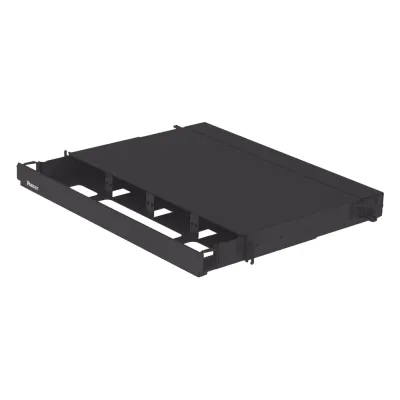 Panel de Distribución de Fibra Óptica, Acepta 4 Placas FAP o FMP, Bandeja Deslizable, Hasta 96 Fibras, Color Negro, 1UR