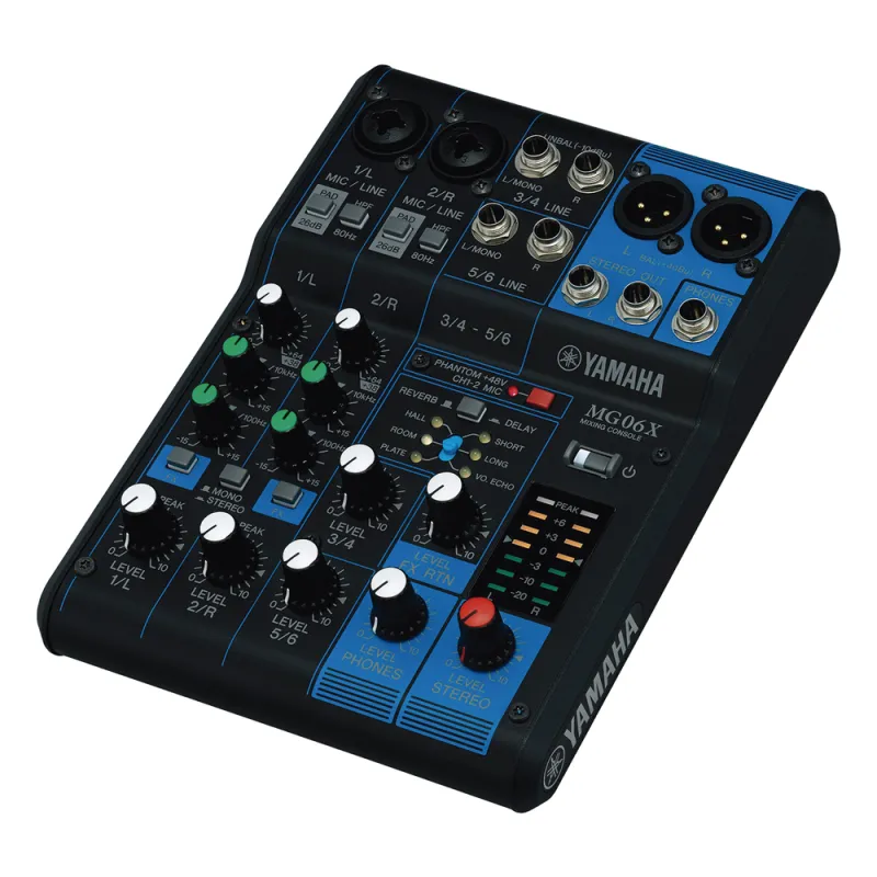 Mezcladora de Audio | 6 Canales | 2 entradas de micro/6 de línea (2 mono + 2 estéreo) | Efectos Integrados | Alimentación Phantom