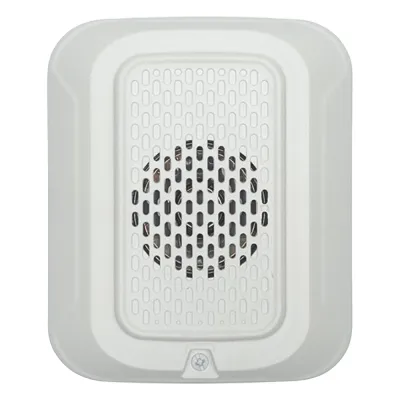 Sonorizador de baja frecuencia de 520 Hz para pared, 24 Vcd, cumple NFPA 72 en áreas de descanso, tonos temporal y continuo, color blanco
