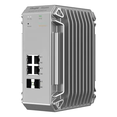 Switch Industrial PoE hasta , Ideal para temperaturas Extremas y protección contra descargas, 4 Puertos Gigabit PoE 802.3 af/at, 2 puertos SFP Administrable Cloud