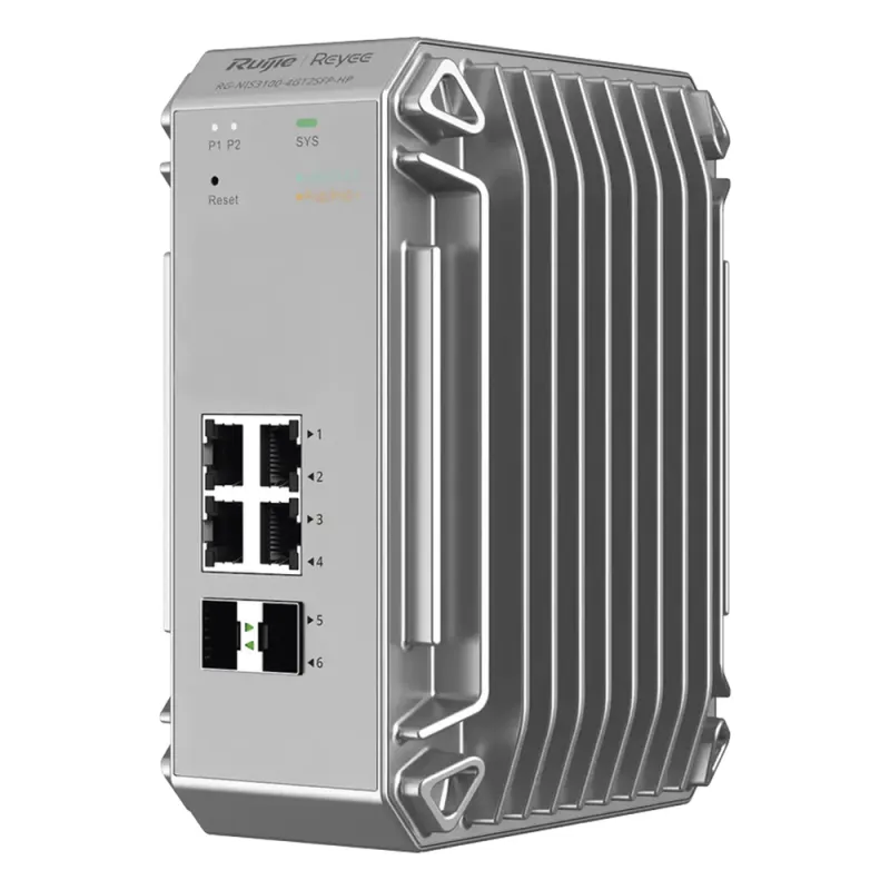 Switch Industrial PoE hasta , Ideal para temperaturas Extremas y protección contra descargas, 4 Puertos Gigabit PoE 802.3 af/at, 2 puertos SFP Administrable Cloud