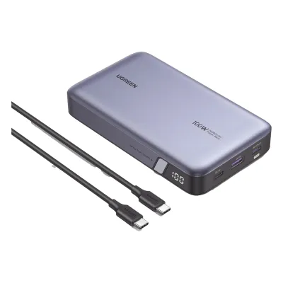 Power Bank de 20000mAh | 3 Salidas 100W Max. | USB-A + 2 USB-C | PD 3.0 | QC3.0 | FCP | SCP | Pantalla Inteligente | Carcasa Ignifuga | Color Gris | Incluye Cable USB de 50cm | Carga tu Laptop de Manera Segura.