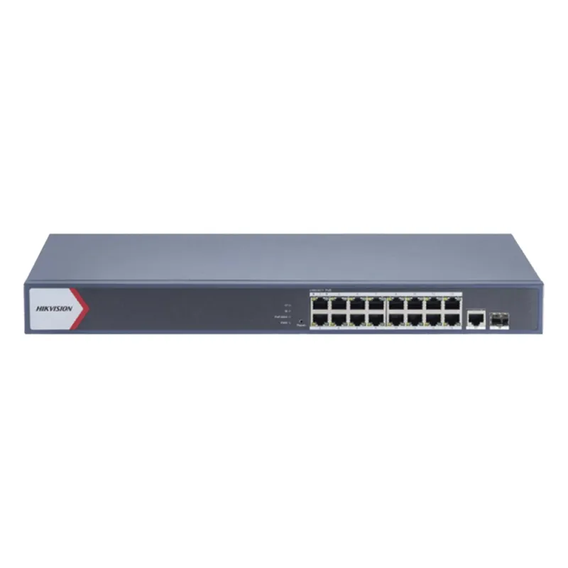 Switch Gigabit PoE+ / Monitoreable / 16 Puertos 1000 Mbps PoE+ / 1 Puerto 1000 Mbps de Uplink / 1 Puerto SFP / Configuración Nube desde Hik-PartnerPro / Modo Extendido hasta 300 Metros / 130 Watts