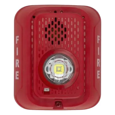 Sirena con estrobo LED de 2 hilos para pared, 24 Vcd, candela seleccionable hasta 185 cd, puntos de prueba DVM, color rojo