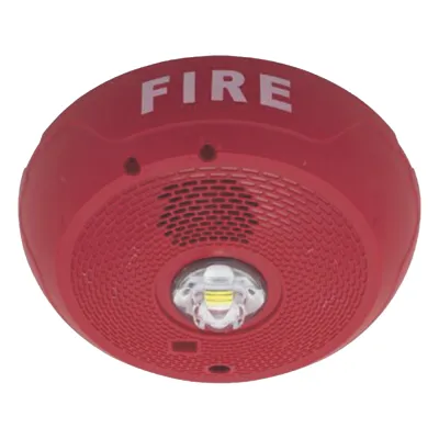 Sirena con estrobo LED de 2 hilos para techo, 24 Vcd, candela seleccionable hasta 177 cd, puntos de prueba DVM, color rojo
