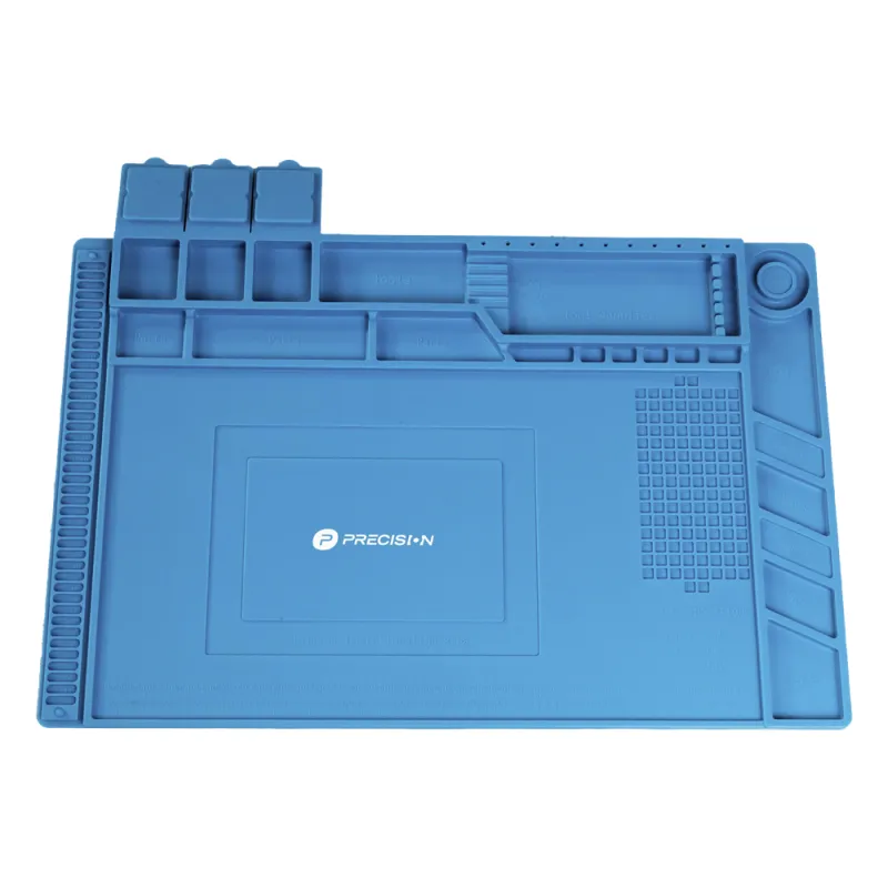Tapete de silicona de 45 x 30 cm, resistente al calor con áreas magnéticas y de almacenamiento de componentes, ideal para la reparación de equipos y tarjetas electrónicas.