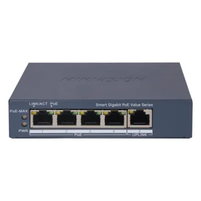 Switch Gigabit PoE+ / Monitoreable / 4 Puertos 1000 Mbps PoE+ / 1 Puerto 1000 Mbps Uplink / Configuración Nube Hik-PartnerPro / Modo Extendido hasta 300 Metros / 45 Watts