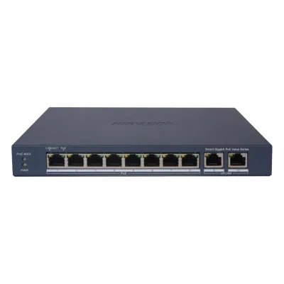 Switch Gigabit PoE+ / Administrable / 8 Puertos 1000 Mbps PoE+ / 2 Puertos 1000 Mbps de Uplink / Configuración Nube Hik-PartnerPro / Modo Extendido hasta 300 Metros / 60 W
