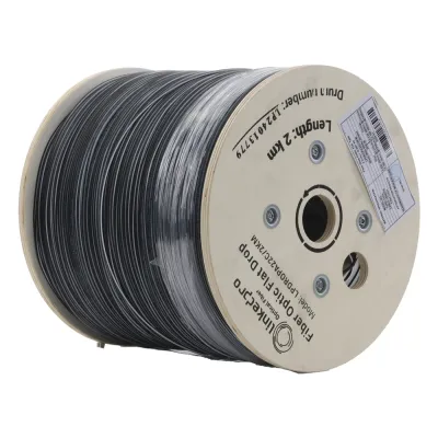 Carrete de 2 km de Fibra Óptica Drop Plana, Interior/Exterior G.657A2 Monomodo de 2 Hilos (Bifibra), Dieléctrica, Forro Negro, (No Soporta Conectores Mecánicos)