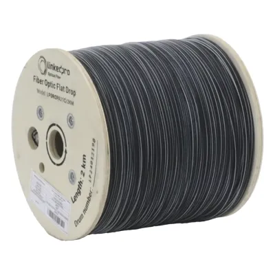 Carrete de 2 Kilómetros de Fibra Óptica Drop Plana, Interior/Exterior G.657A2 Monomodo de 1 Hilo (Unifibra), Dieléctrica, Forro Negro, Compatible con Conectores FASC, FASCUP, FASCLC