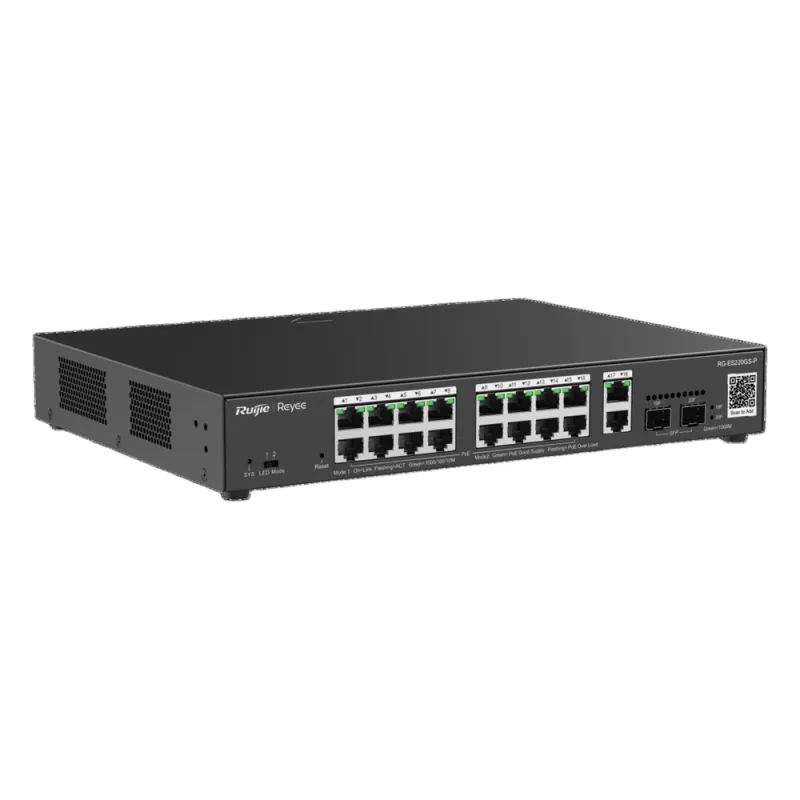 Switch L2 Administrable PoE con 16 puertos Gigabit PoE 802.3af/at + 2 SFP para fibra 1Gb, gestión gratuita desde la nube, 240w