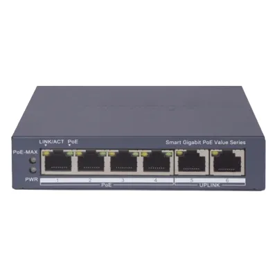 Switch Gigabit PoE+ / Administrable / 4 Puertos 1000 Mbps PoE+ / 2 Puertos 1000 Mbps Uplink / Configuración Nube Hik-PartnerPro / Modo Extendido hasta 300 Metros / 45 Watts