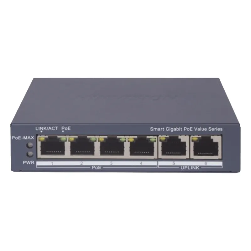 Switch Gigabit PoE+ / Administrable / 4 Puertos 1000 Mbps PoE+ / 2 Puertos 1000 Mbps Uplink / Configuración Nube Hik-PartnerPro / Modo Extendido hasta 300 Metros / 45 Watts