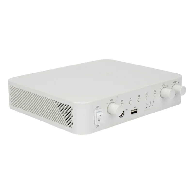 Amplificador | Bluetooth | 2 Canales con Control de volumen Independiente | 30 W por Canal | Salida 4-8 ohms x 2 | 100V COM x 2 | Una Zona | Música Ambiental