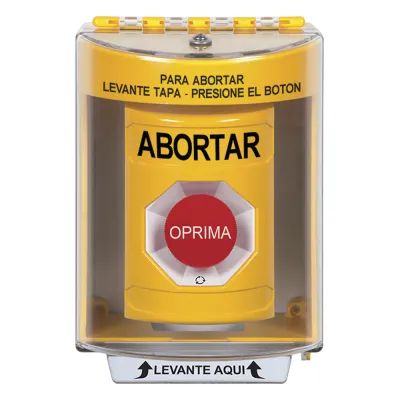Botón de Abortar, Texto en Español, Tapa Protectora de Policarbonato Súper Resistente, Girar para restablecer