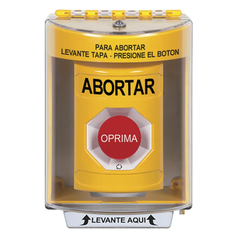 Botón de Abortar, Texto en Español, Tapa Protectora de Policarbonato Súper Resistente, Girar para restablecer