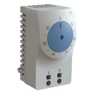Termostato/Interruptor Para Control de Temperatura en Grados Fahrenheit, Para Uso con Ventiladores, Con Terminales de Conexión, y Clip para Riel Din de 35 mm, Color Gris Claro