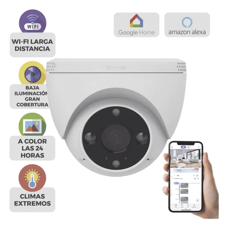 Domo IP 3 Megapíxel (2K) / Wi-Fi / Sirena y Estrobo /Audio de Dos Vías / Detección Humana y Vehiculo / Notificación Push / Audios Personalizables / Ranura Para Memoria hasta 512GB / Uso en Exterior IP67
