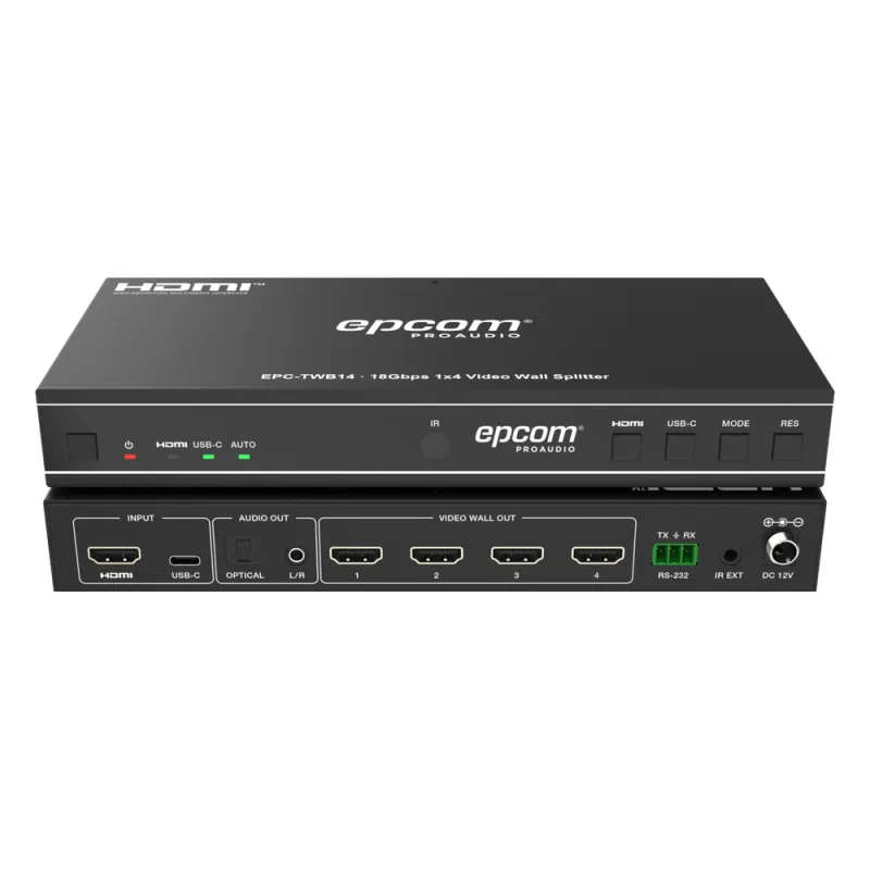 Videowall 4K 1x4 | HDMI & USB-C | 8 Modos de Visualización | Audio Óptico/Analógico | Control RS-232/IR | Plug & Play