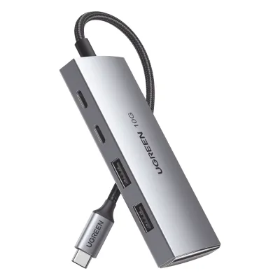 HUB USB-C 3.2 4 en 1 | 2 Puertos USB-C 3.2 (10 Gbps) | 2 Puertos USB-A 3.2 (10 Gbps) | Admite OTG | Compatible con MacBook, Chormebook, iMac, iPad Pro, iOS, Windows, Mac OS, Android | Carcasa de Aluminio | Nylon Trenzado.