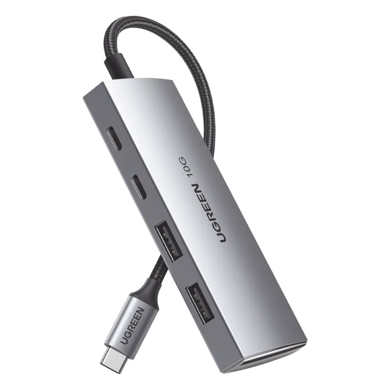 HUB USB-C 3.2 4 en 1 | 2 Puertos USB-C 3.2 (10 Gbps) | 2 Puertos USB-A 3.2 (10 Gbps) | Admite OTG | Compatible con MacBook, Chormebook, iMac, iPad Pro, iOS, Windows, Mac OS, Android | Carcasa de Aluminio | Nylon Trenzado.