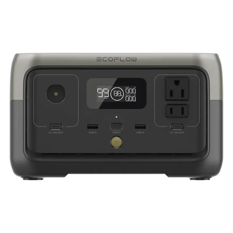 EcoFlow River 2 | Estación de Energía Portátil 256Wh Litio LFP / 2 AC 300 W (Max. 600W) / 1 USB-C 60W / 2 USB -A 12W / Cargador de Coche 8A a 12 o 24V / Conectividad WiFi y Bluetooth (App) / Carga Solar 110W Max.