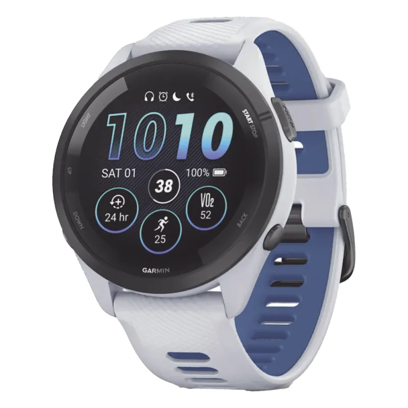 Forerunner® 265, Bisel negro con carcasa en blanco y correa de silicona en blanco/azul