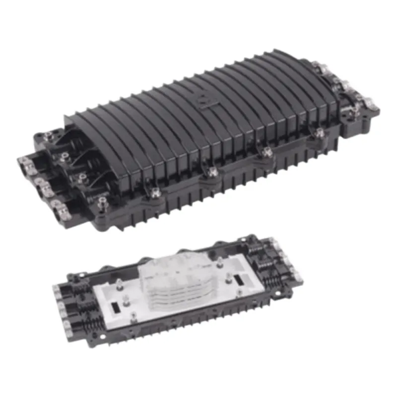 Caja de Distribución de Fibra Óptica Horizontal, hasta 96 Empalmes, Exterior IP68, 3 Puertos de Entrada y Salida