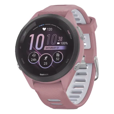 Forerunner® 265S, Bisel negro con carcasa en rosa y correa de silicona en rosa/gris