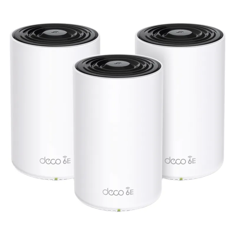 Kit 3 Routers Inalámbricos MESH Interior para Hogar / Doble Banda Wi-Fi 6E AX5400 Mbps / 3 Puerto Gigabit WAN/LAN / 4 Antenas Internas / Administración Mediante la App Deco (iOS, Android) / Protección HomeShield
