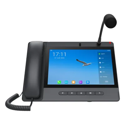 Teléfono IP Android 9.0 Empresarial para voceo 20 líneas SIP, pantalla táctil, Wi-Fi y Bluetooth, PoE, Voceo/ Musica por Multicast, puertos Gigabit, soporta recepción de video.