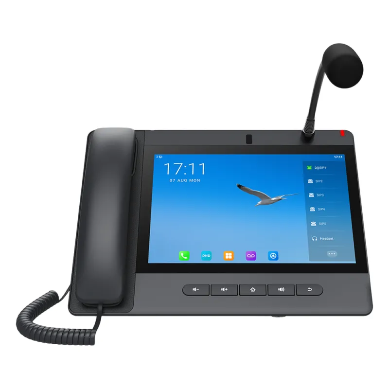 Teléfono IP Android 9.0 Empresarial para voceo 20 líneas SIP, pantalla táctil, Wi-Fi y Bluetooth, PoE, Voceo/ Musica por Multicast, puertos Gigabit, soporta recepción de video.