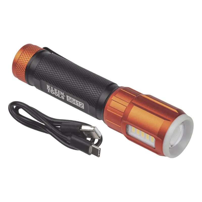 Linterna LED Portátil Recargable 500 Lúmenes con Luz Frontal y Lateral de Trabajo. Lámpara con tapa de Extremo con Imán, USB-C