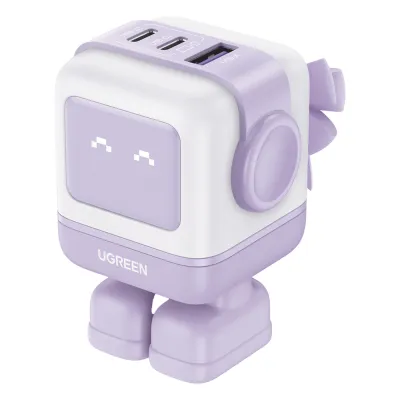 Cargador RobotGaN de 65W Serie UNO | 3 Puertos de Carga Rápida | 2 USB-C | 1 USB-A | PD 3.0 | QC 4.0 | Carga Inteligente | Tecnología GaN II | Zapato Magnético Extraíble | Carcasa Ignífuga | Pantalla LED
