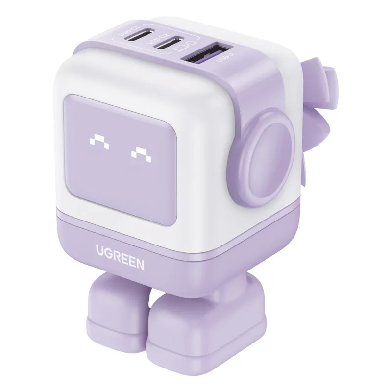 Cargador RobotGaN de 65W Serie UNO | 3 Puertos de Carga Rápida | 2 USB-C | 1 USB-A | PD 3.0 | QC 4.0 | Carga Inteligente | Tecnología GaN II | Zapato Magnético Extraíble | Carcasa Ignífuga | Pantalla LED