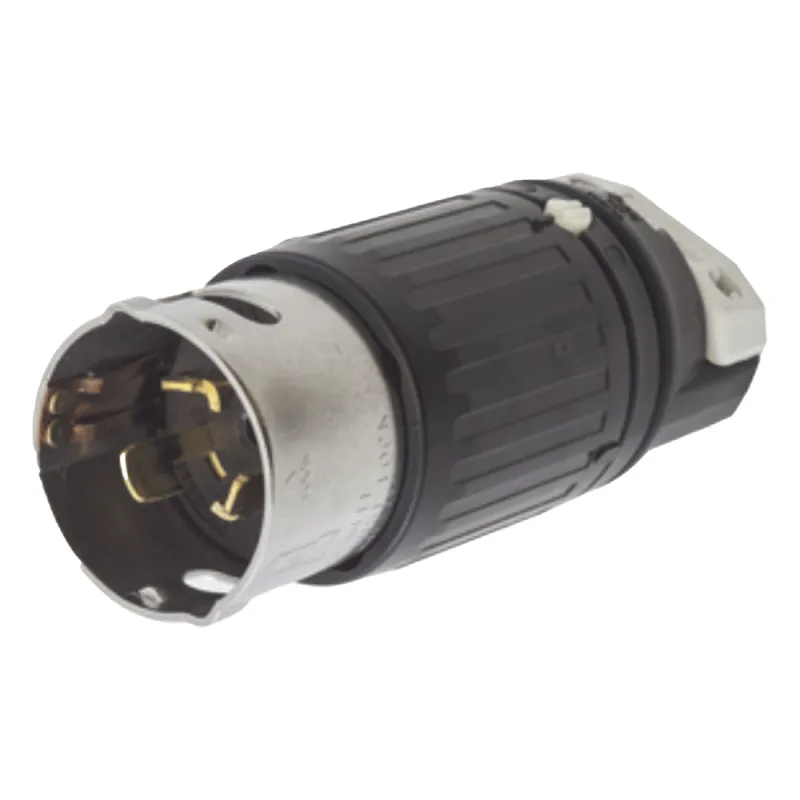 Enchufe Macho con Bloqueo de Media Vuelta Trifásico / 50 A 250 VCA 3 Fases / 3 Polos 4 Hilos / Grado Industrial / Color Negro y Blanco.