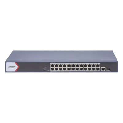 Switch Gigabit PoE+ / Monitoreable / 24 Puertos 1000 Mbps PoE+ / 1 Puerto 100 uplink / 1 Puerto 1000 Mbps Uplink / 1 Puertos SFP Uplink / Configuración Nube desde Hik-PartnerPro / Modo Extendido hasta 300 Metros / 370 W