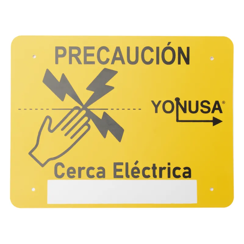 Letrero de PRECAUCION para cercas electrificadas (21.8 x 17 cm) / Estireno Serigrafiado 2 Tintas / Protección UV / 4 Perforaciones