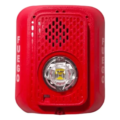 Sirena con lámpara estroboscópica LED de 2 hilos para pared, candela seleccionable, marcaje en español FUEGO, compatible con SpectrAlert