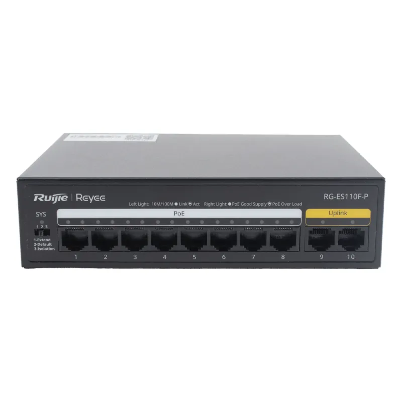 Switch PoE+ no Administrable, Hasta 110 Watts, 8 puertos PoE+ y 2 Uplinks 10/100