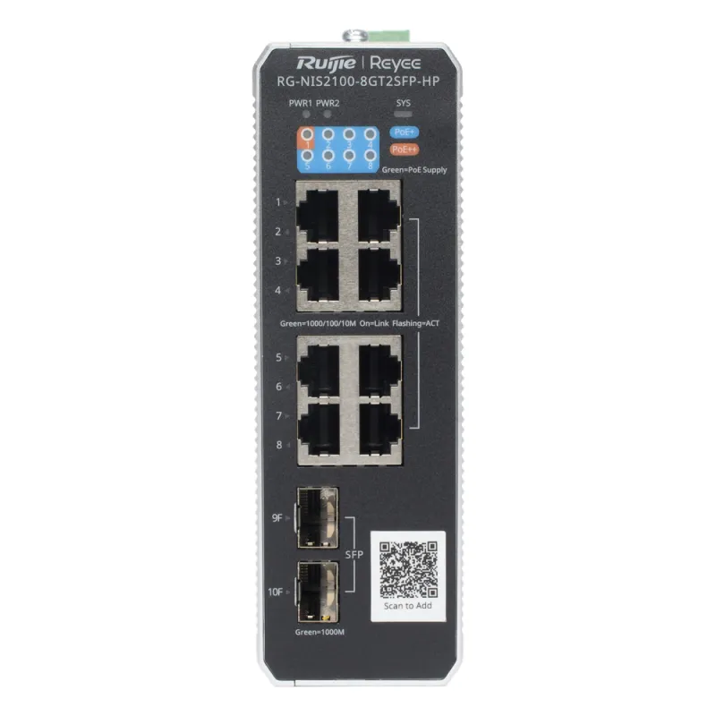Switch Industrial PoE+ hasta 300 watts , Ideal para temperaturas Extremas y protección contra descargas, 1 puerto PoE++ 60W y 7 puertos PoE+ 30W, 2 SFP Uplink